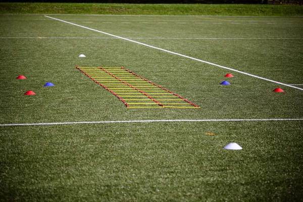 Cones and an agility ladder set out on a pitch